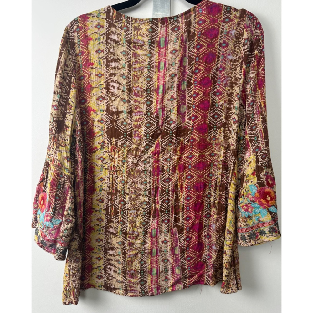 Savanna Jane S Aztec Floral Embroidered Top Bell Sleeve Shirt Tunic Boho D45 - Picture 5 of 8